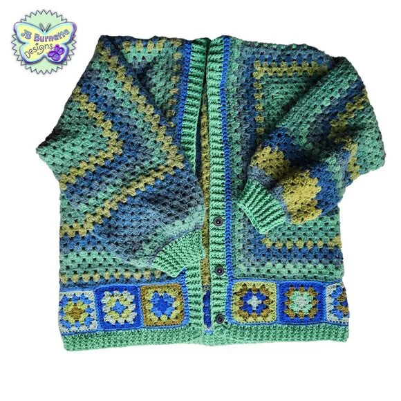 Handmade Oversize Crochet Cardigan Green Blue Warm Sweater, BOHO Granny Squares - Picture 5 of 15